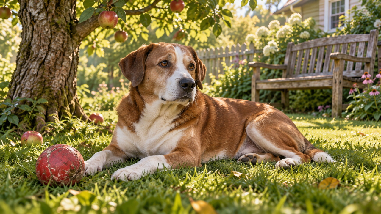 Adult brown-and-white short-haired dog with a white nose stripe resting under an apple tree, old red ball beside it and empty wooden bench behind, familiar green garden in gentle dappled morning light.