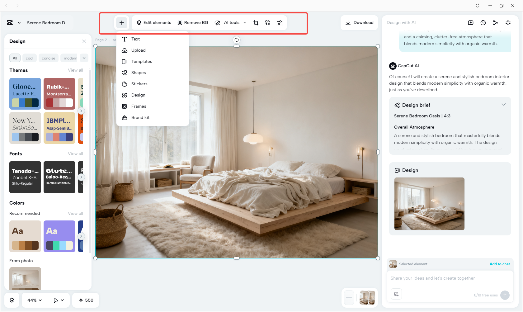 Edit the bedroom interior design with AI tools