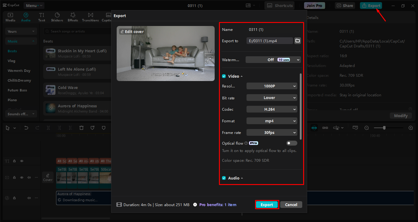 تصدير الفيديو النهائي من محرر فيديو سطح المكتب CapCut