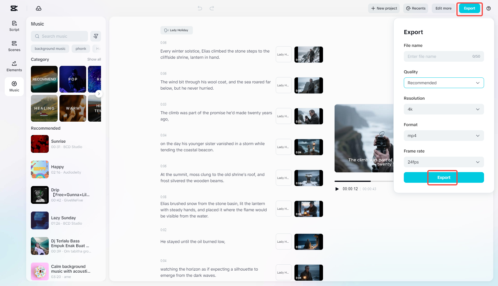 Exporting the video in CapCut
