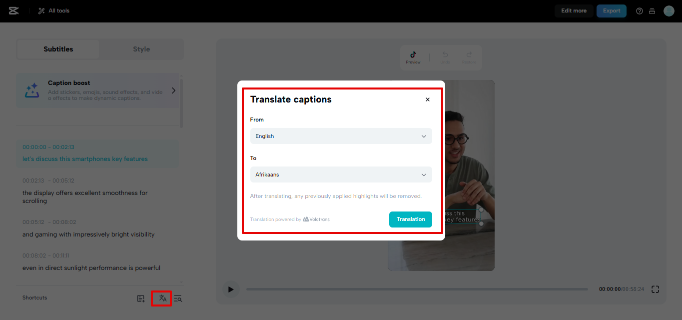 Translating subtitles in CapCut Web