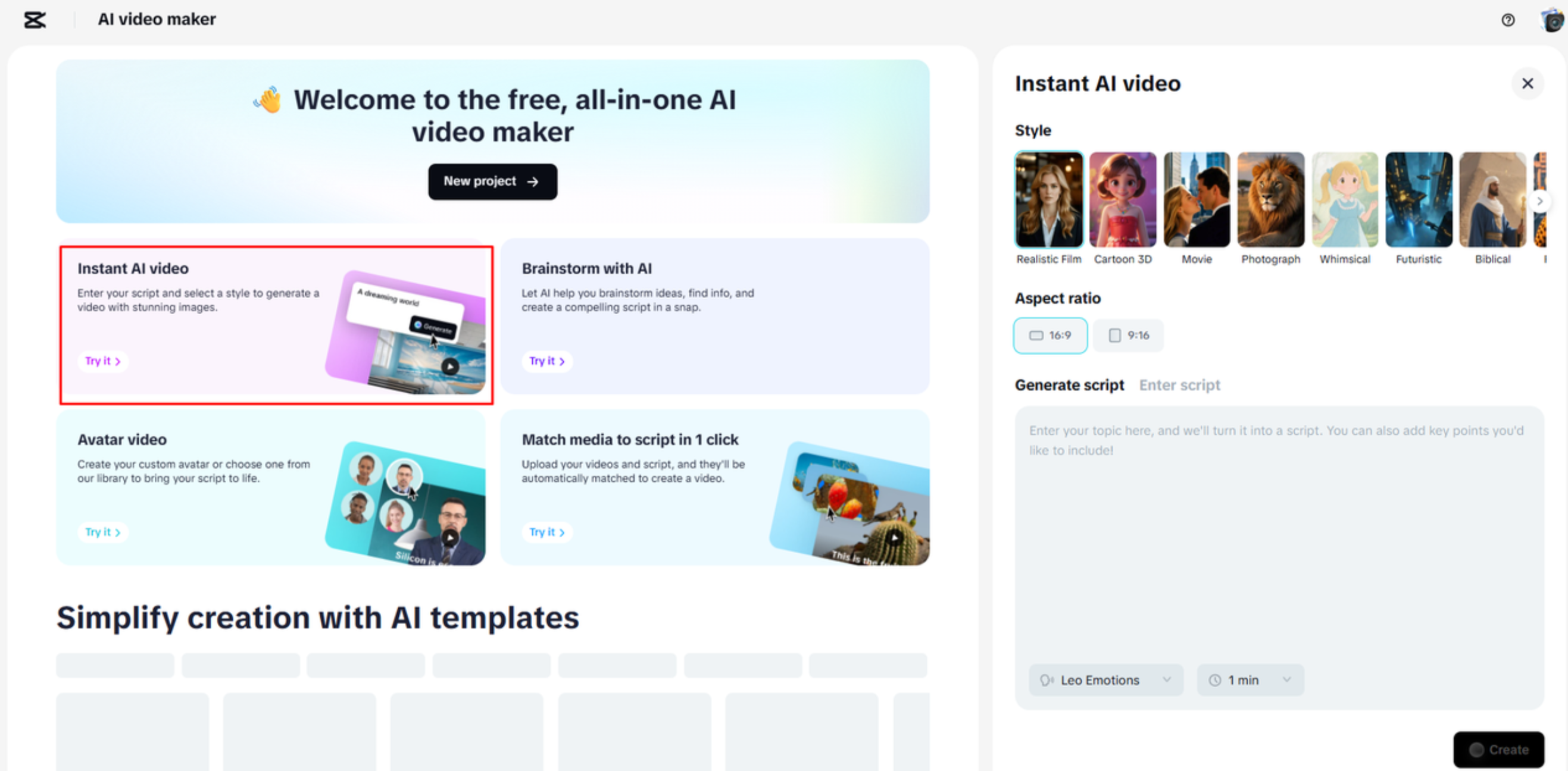 CapCut Web AI videókészítőjének megnyitása