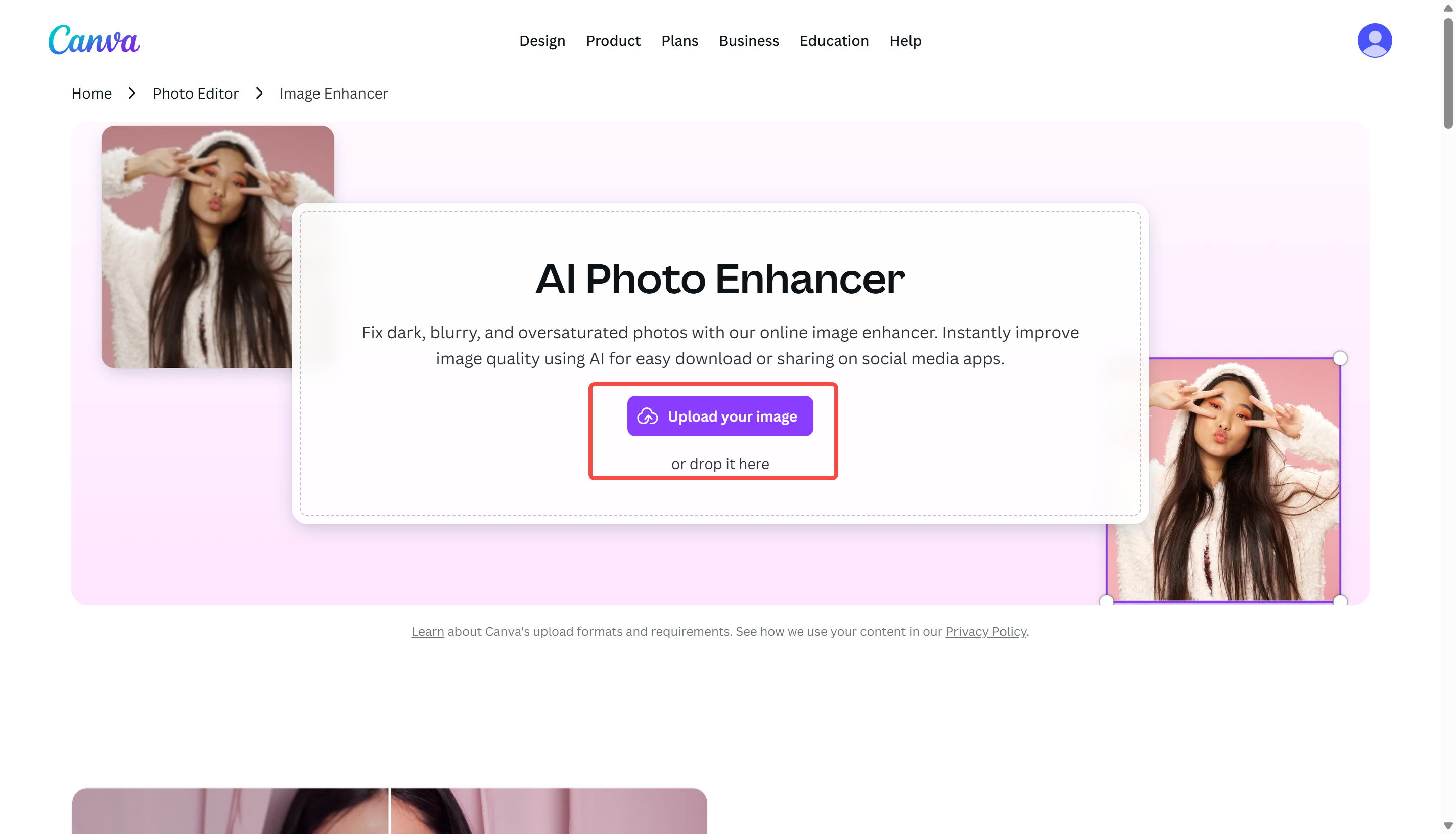 Showing how to use the Canva image enhancer app