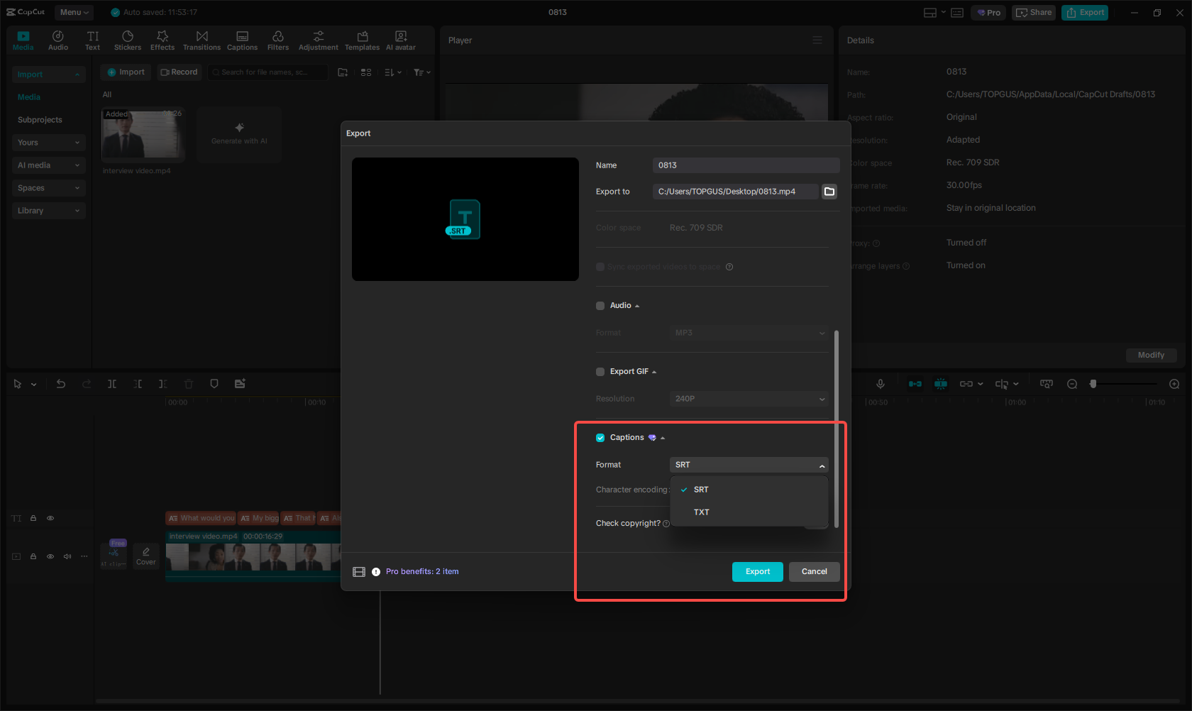 Exporting the transcript caption file in CapCut