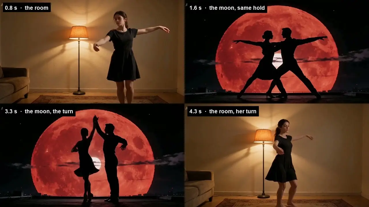 Four-panel collage of a woman dancing in a lit room and a couple silhouetted against a red moon