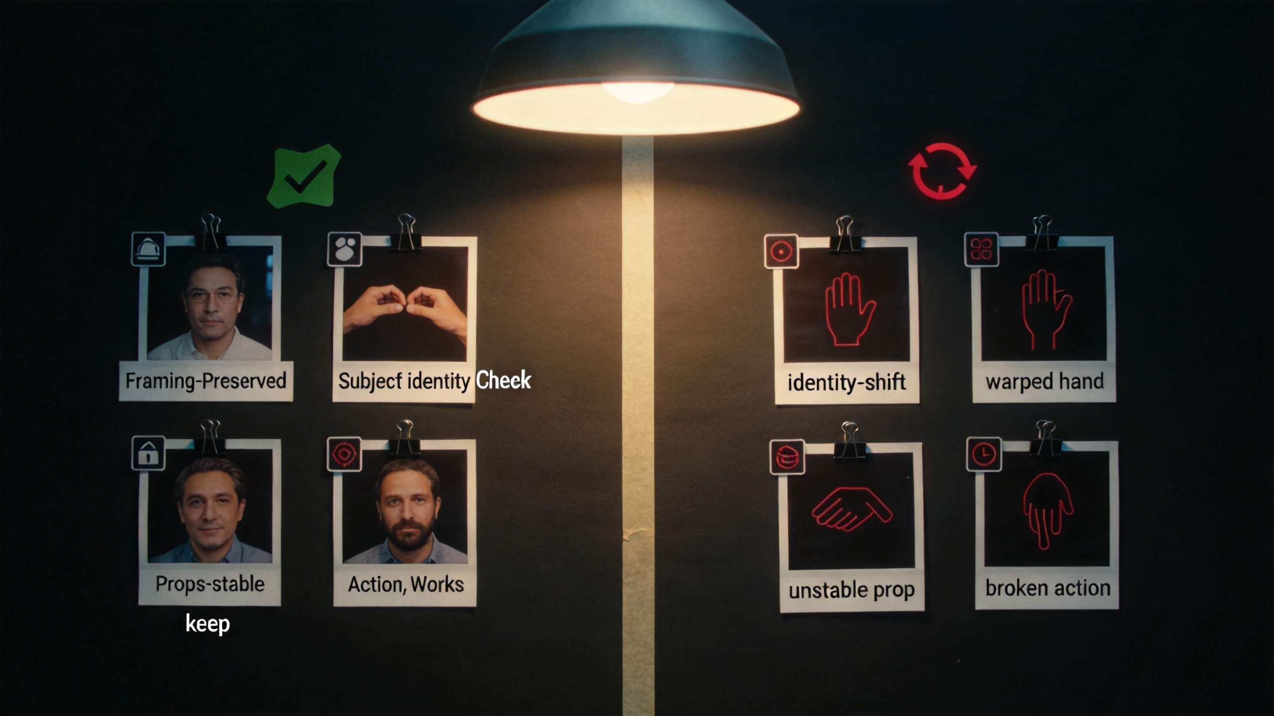 QC checklist under a lamp showing keep items on the left and reject items on the right