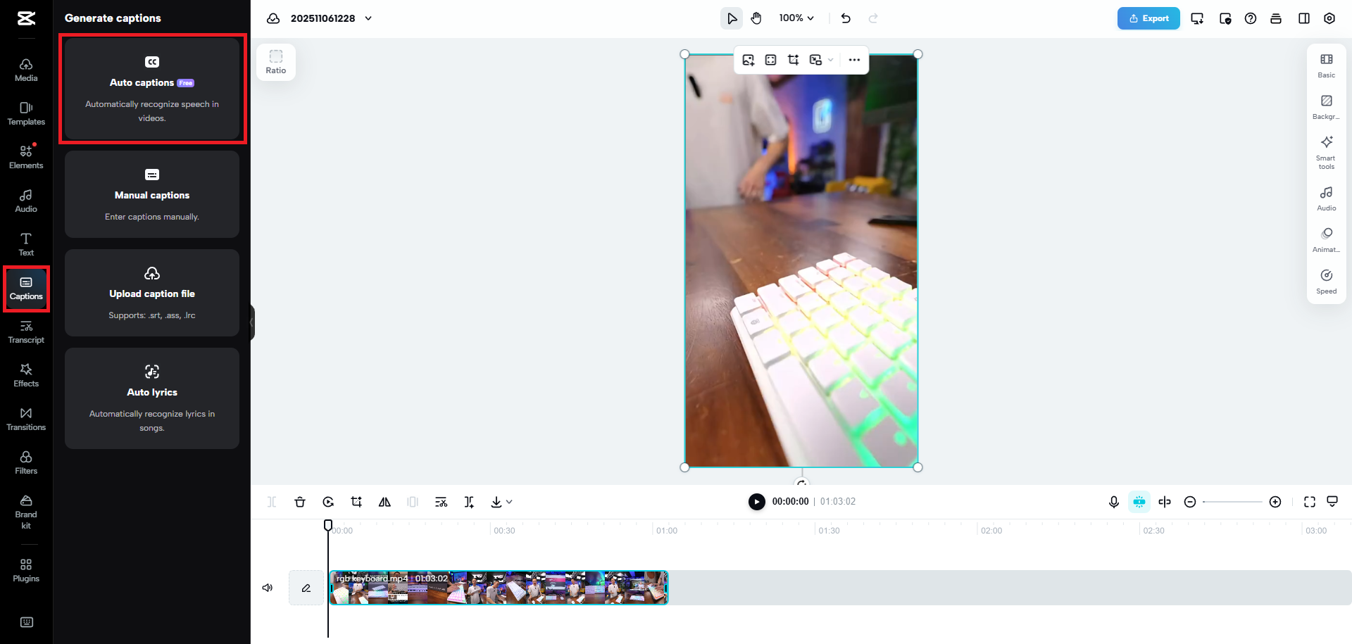 Select the auto captions option