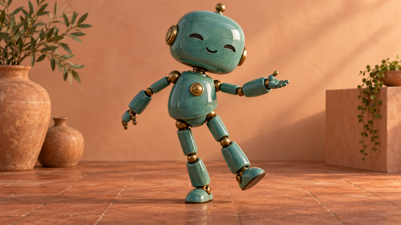 Original charming teal ceramic robot, full body on a warm minimalist studio floor, one small foot stepping sideways and one arm lifted, glossy glaze and soft premium studio lighting.