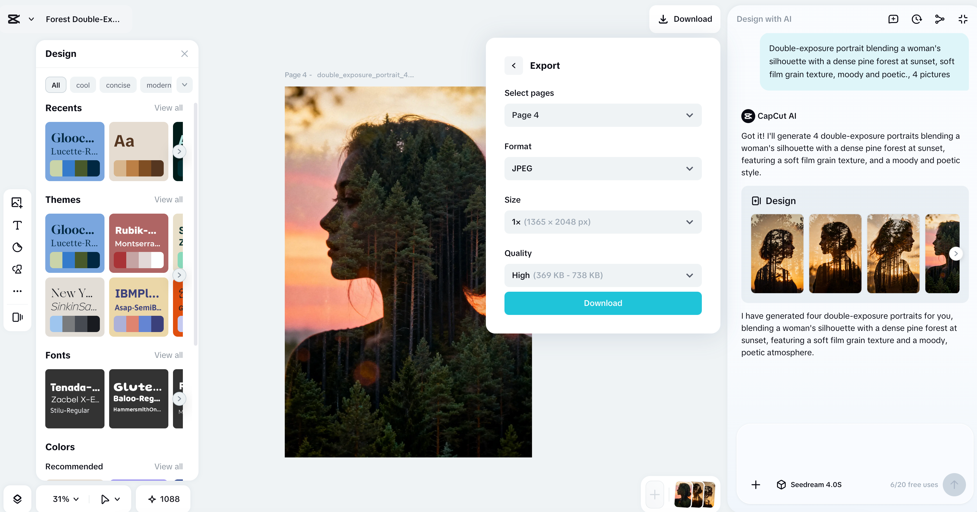 Double-exposure portrait blending a woman's silhouette with a dense pine forest at sunset, soft film grain texture, moody and poetic.