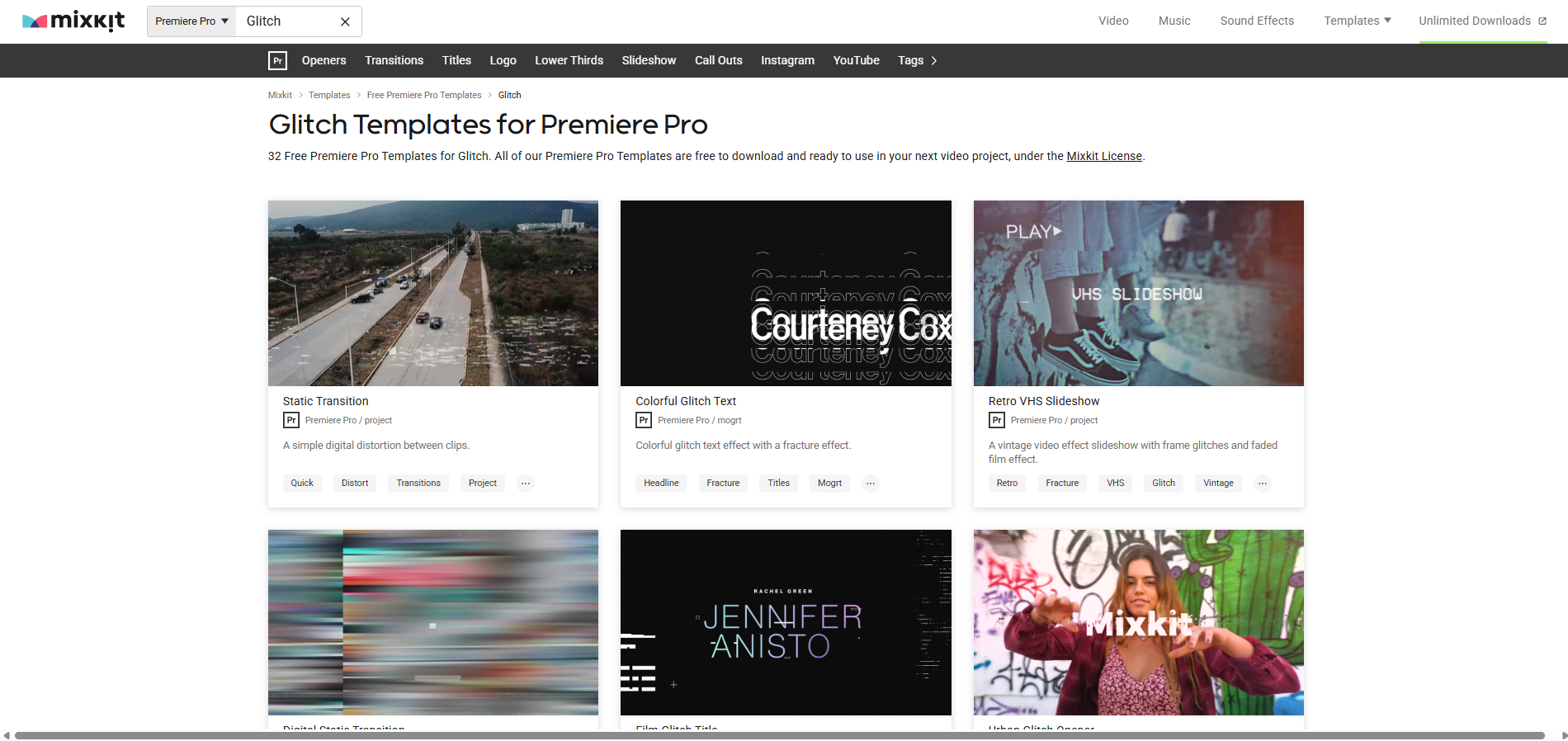 Интерфейс Mixkit - еще один бесплатный ресурс для переходов с глюками Premiere