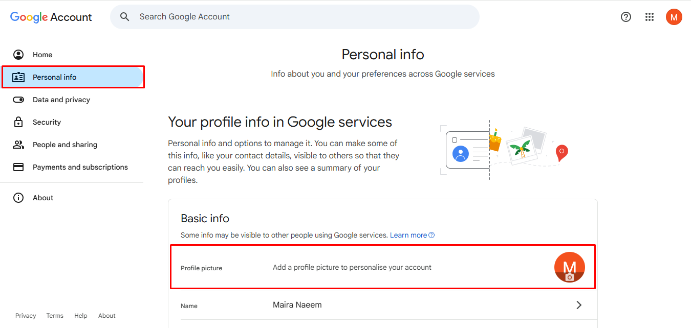 Accessing the personal info section