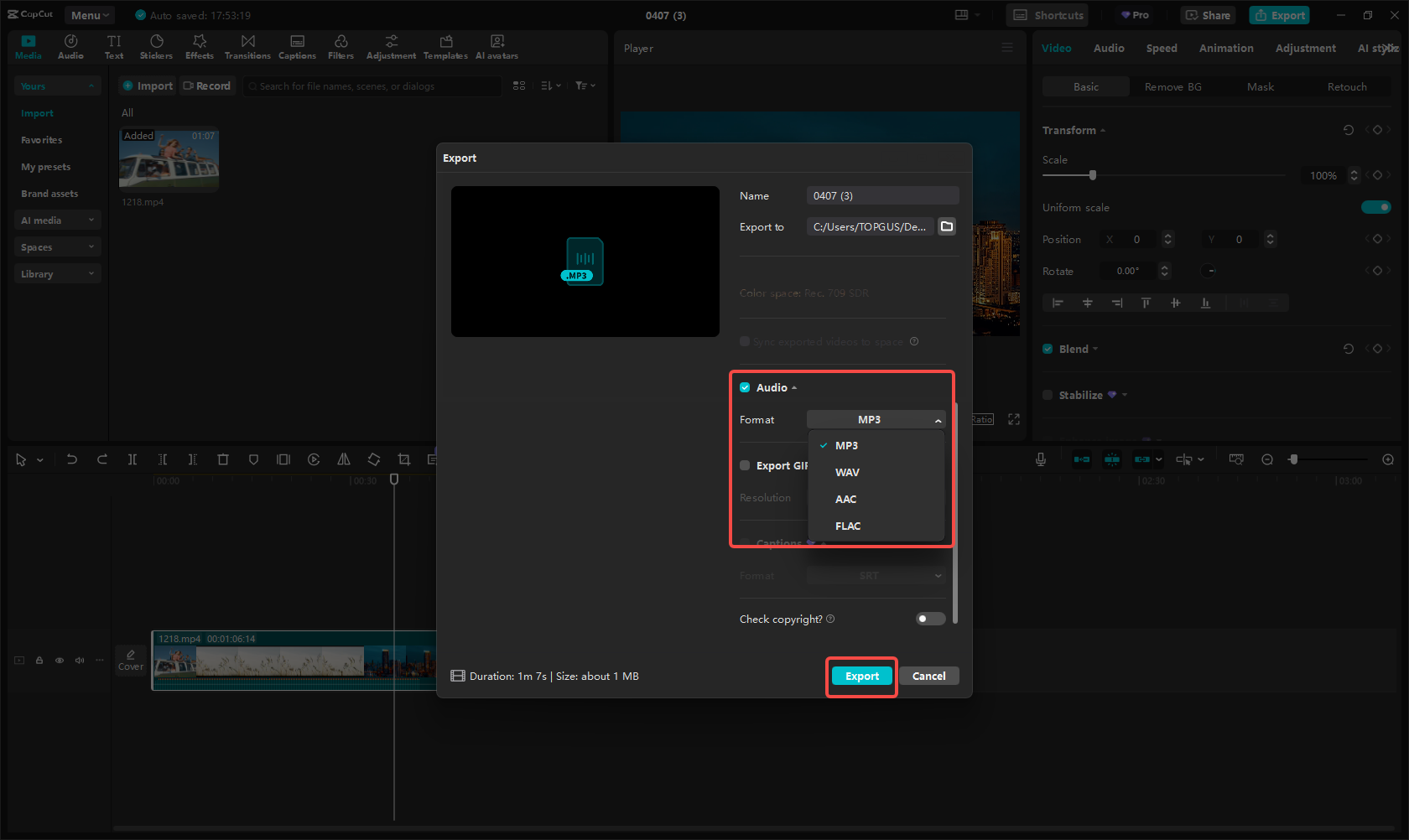 Exportovat zvukový soubor