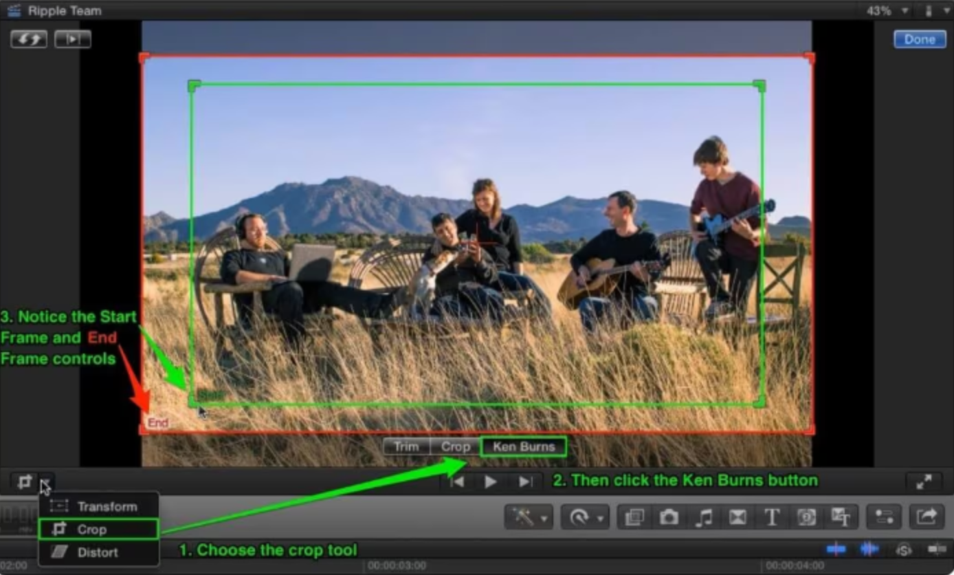 Показано, как добавить эффект Кена Бернса в Final Cut Pro
