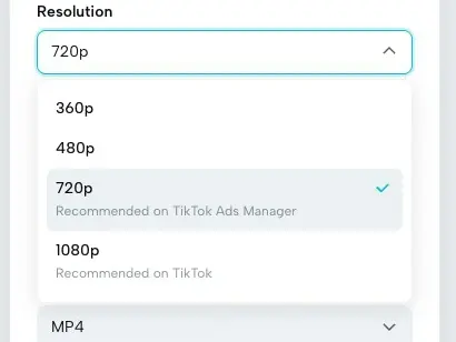 Export settings panel with resolution options open and 720p selected