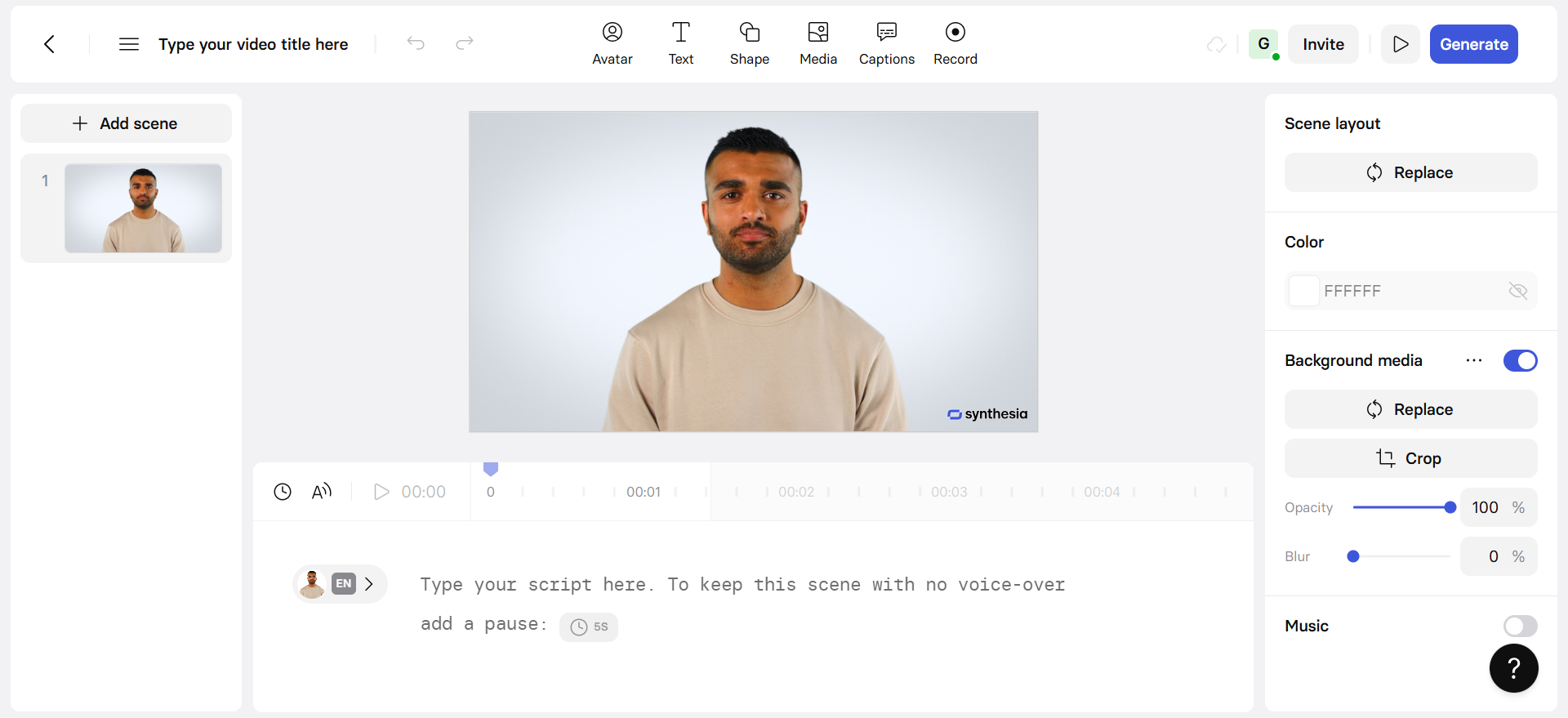 Interface de geração de vídeo Synthesia