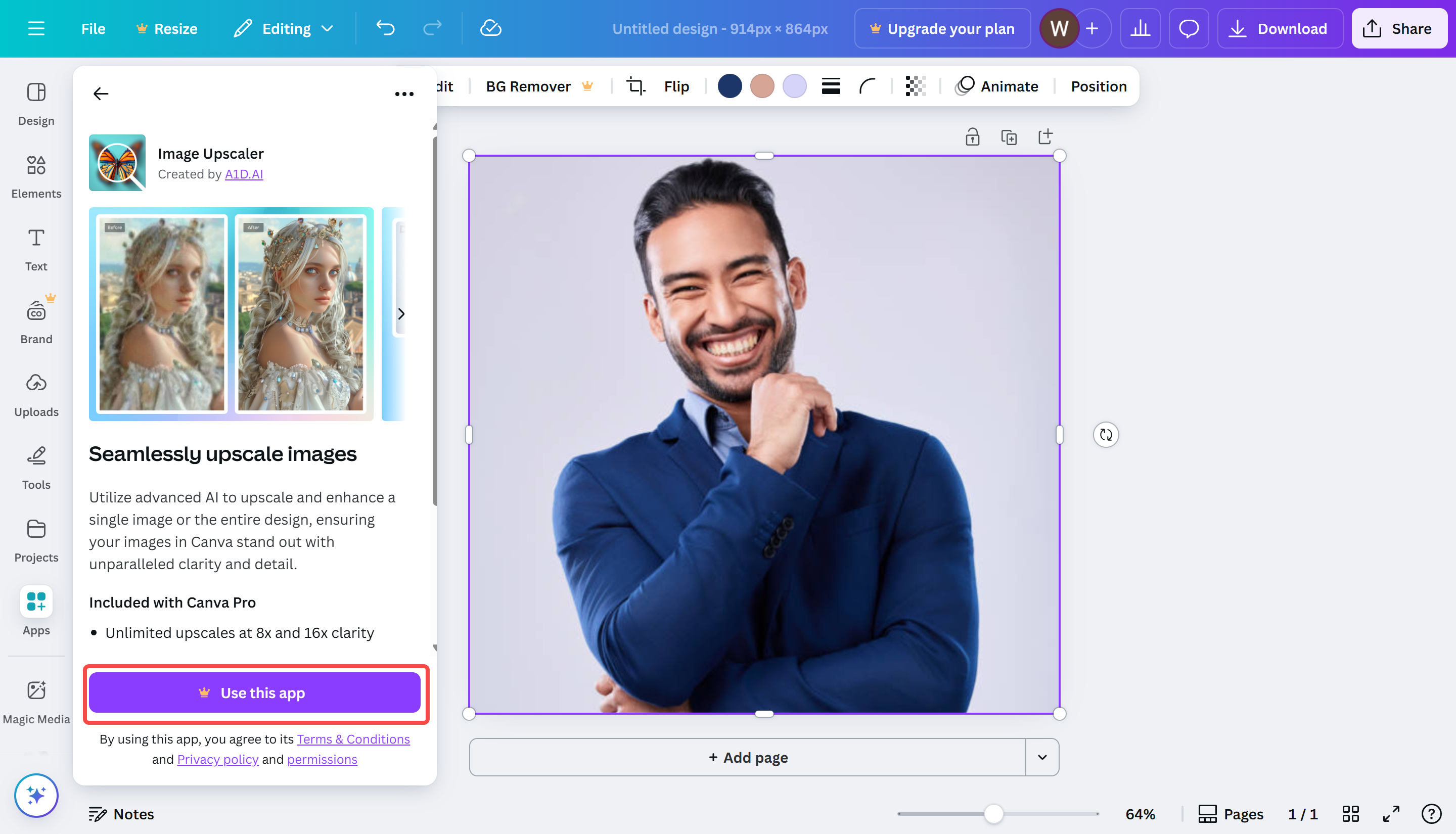 Showing how to use the Canva image enhancer app
