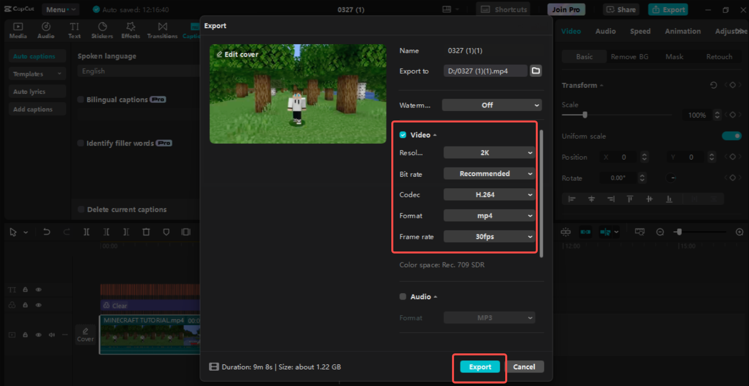 Exporting Minecraft game recording in CapCut