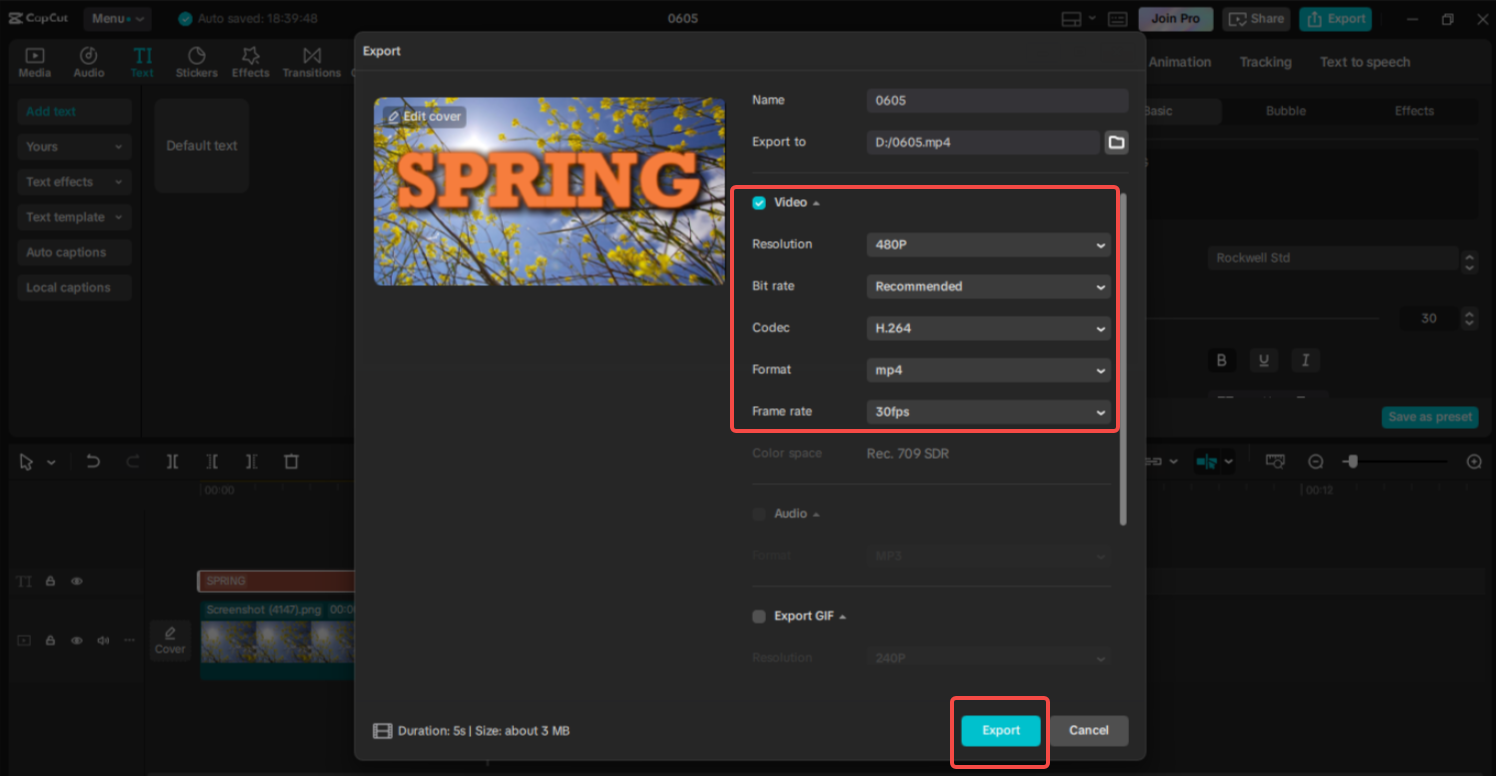 Exporting the video in CapCut