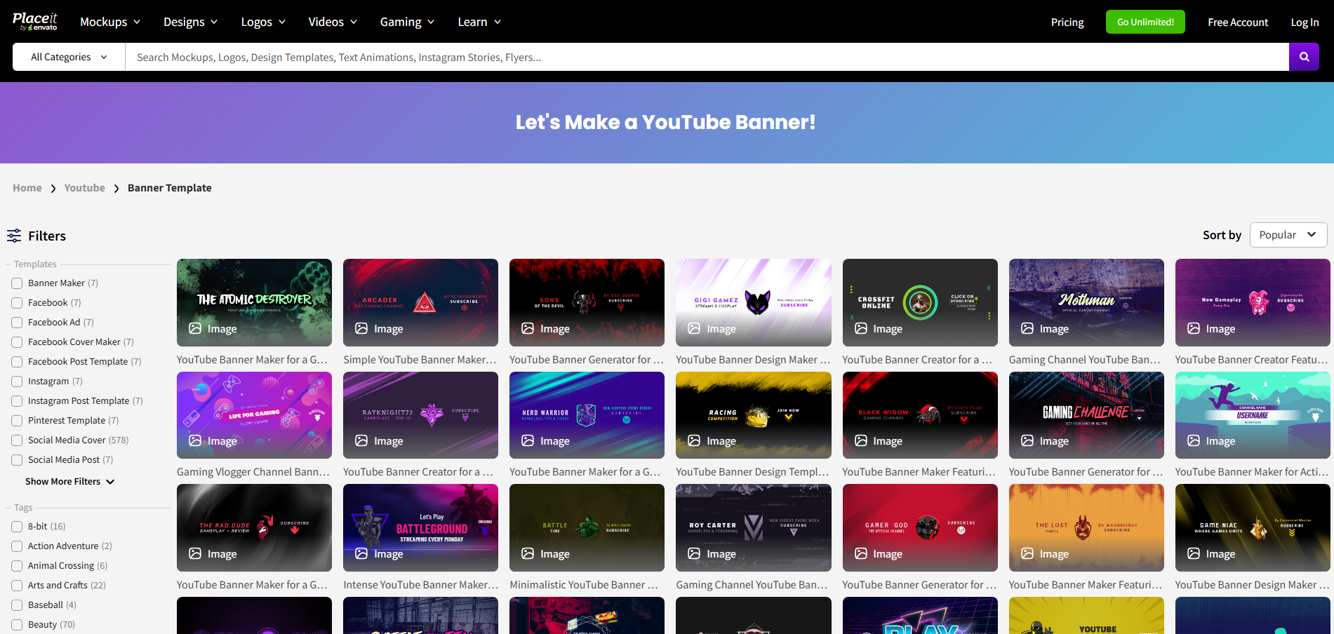 Placeit YouTube banner maker gaming