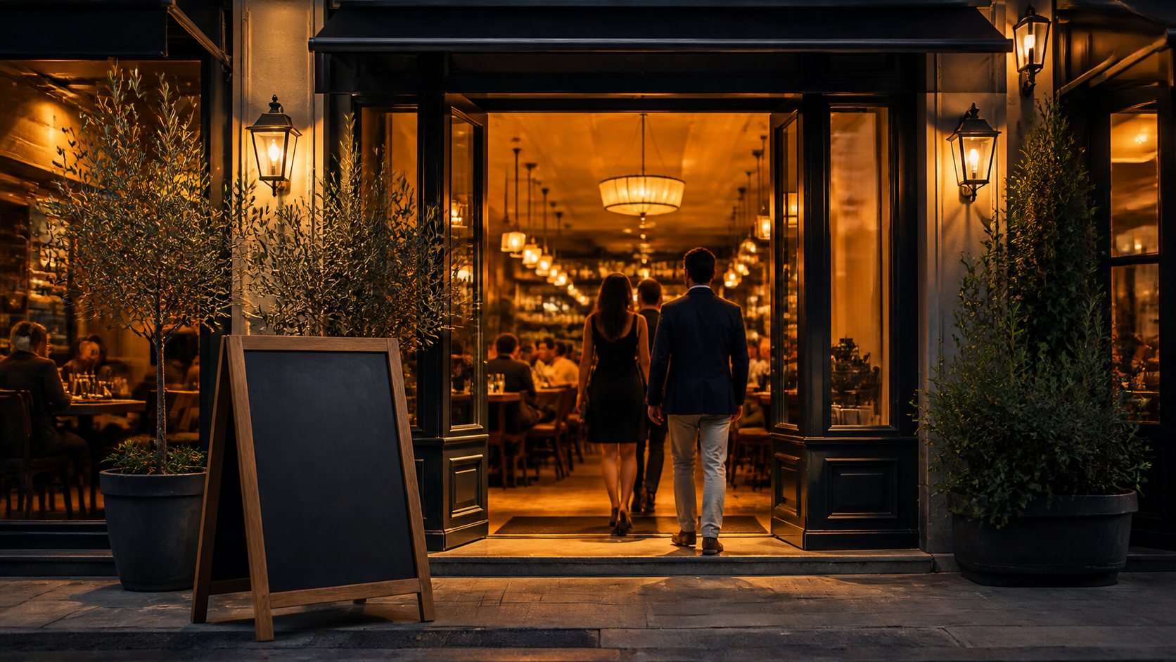 Warm restaurant entrance invitation