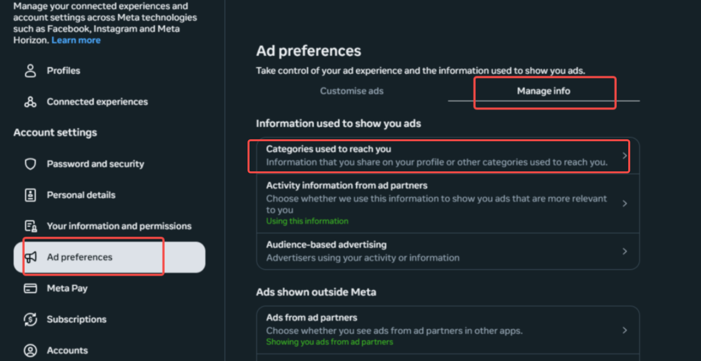 Kategorier för att nå dig alternativ