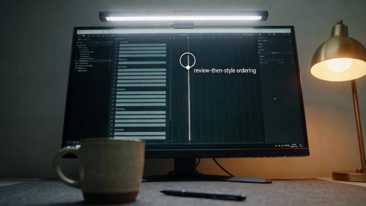 CapCut editor on a monitor showing a subtitle line that reads "review-then-style ordering"