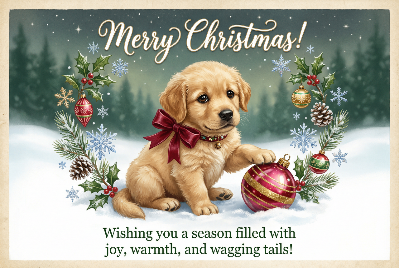 Adorable holiday card featuring pets with holiday decorations and cheerful greetings