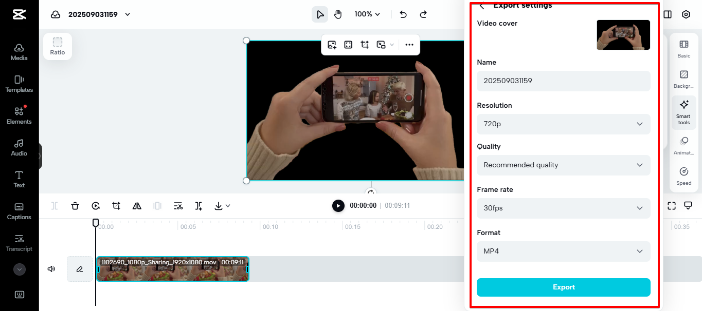 Exporting video from CapCut Web