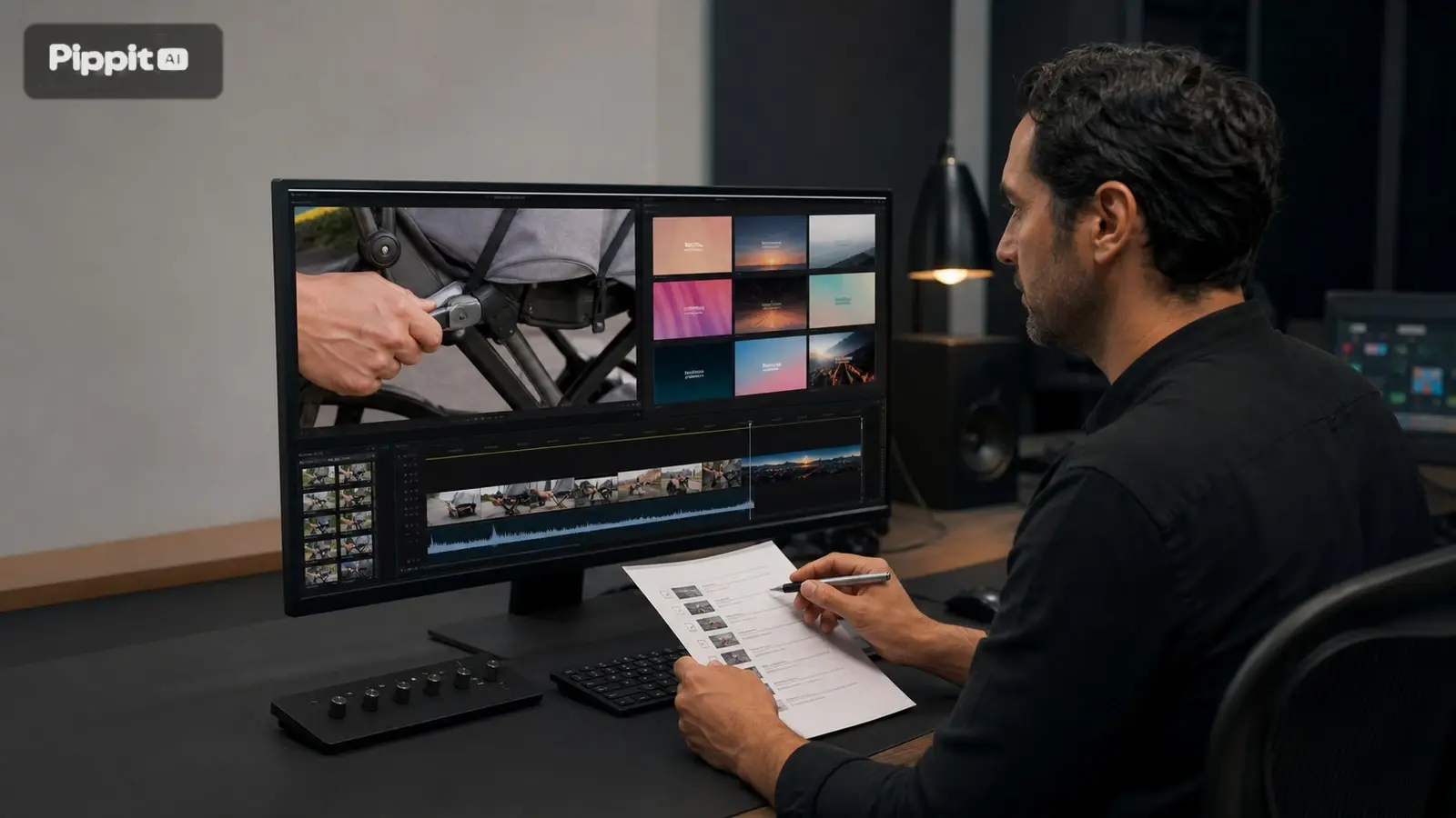 Pria sedang mengedit video di monitor besar sambil meninjau daftar bidikan yang dicetak.