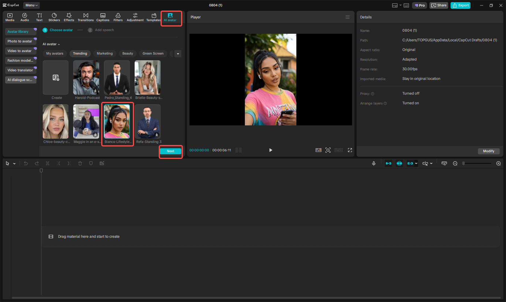 Apply an AI avatar in CapCut