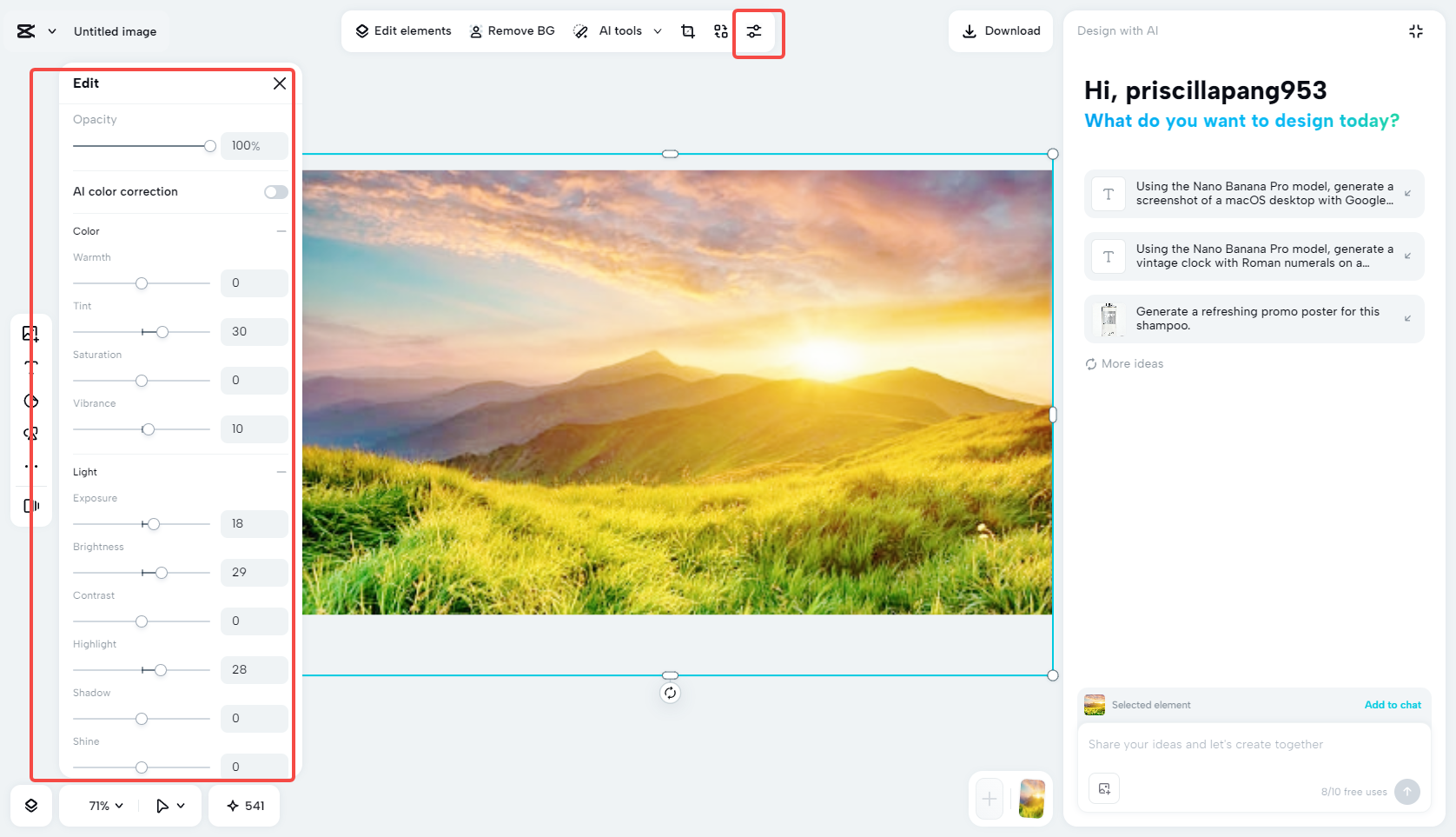 Adjust the photo's white balance and color