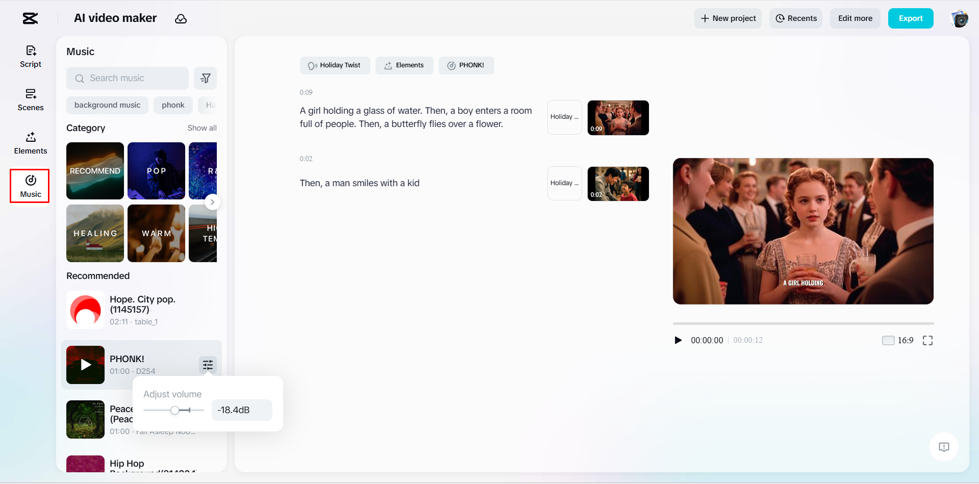 Adding background music to a video with CapCut's AI video maker