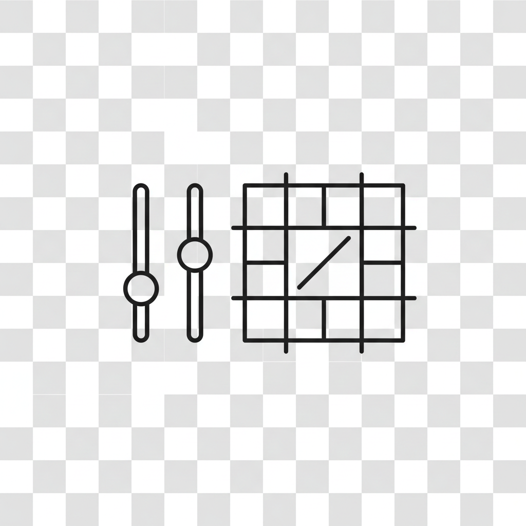 Minimalna ikona z suwakami i siatką proporcji do kreatywnych elementów sterujących.