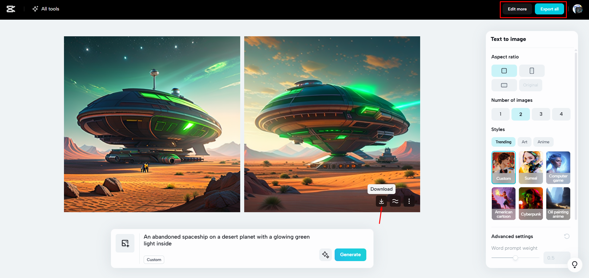Exporting the images from CapCut Web