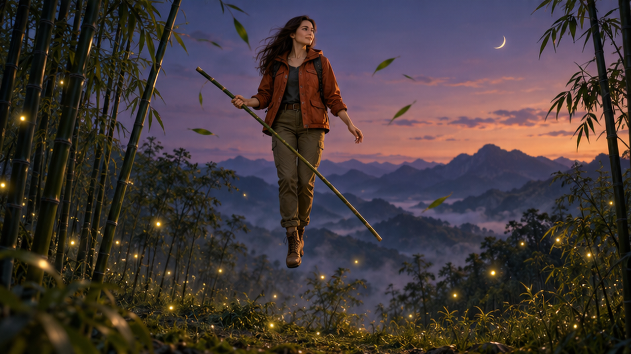 Exemplo ilustrativo IA de efeito voador de bambu: um bambu crepuscular pairando