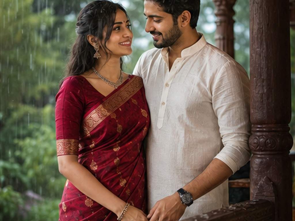 Couple Saree Prompts prompt example 2 - Monsoon veranda scene