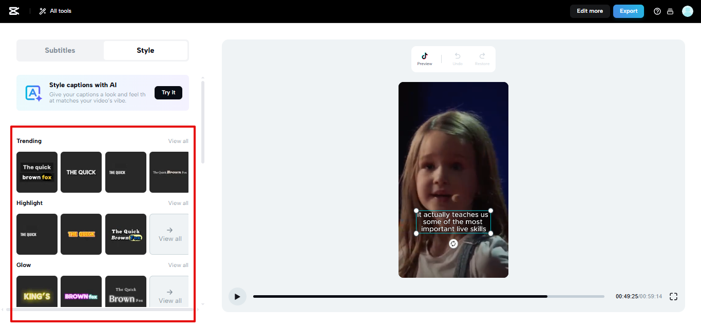 CapCut Web voreingestellte Untertitelvorlagen