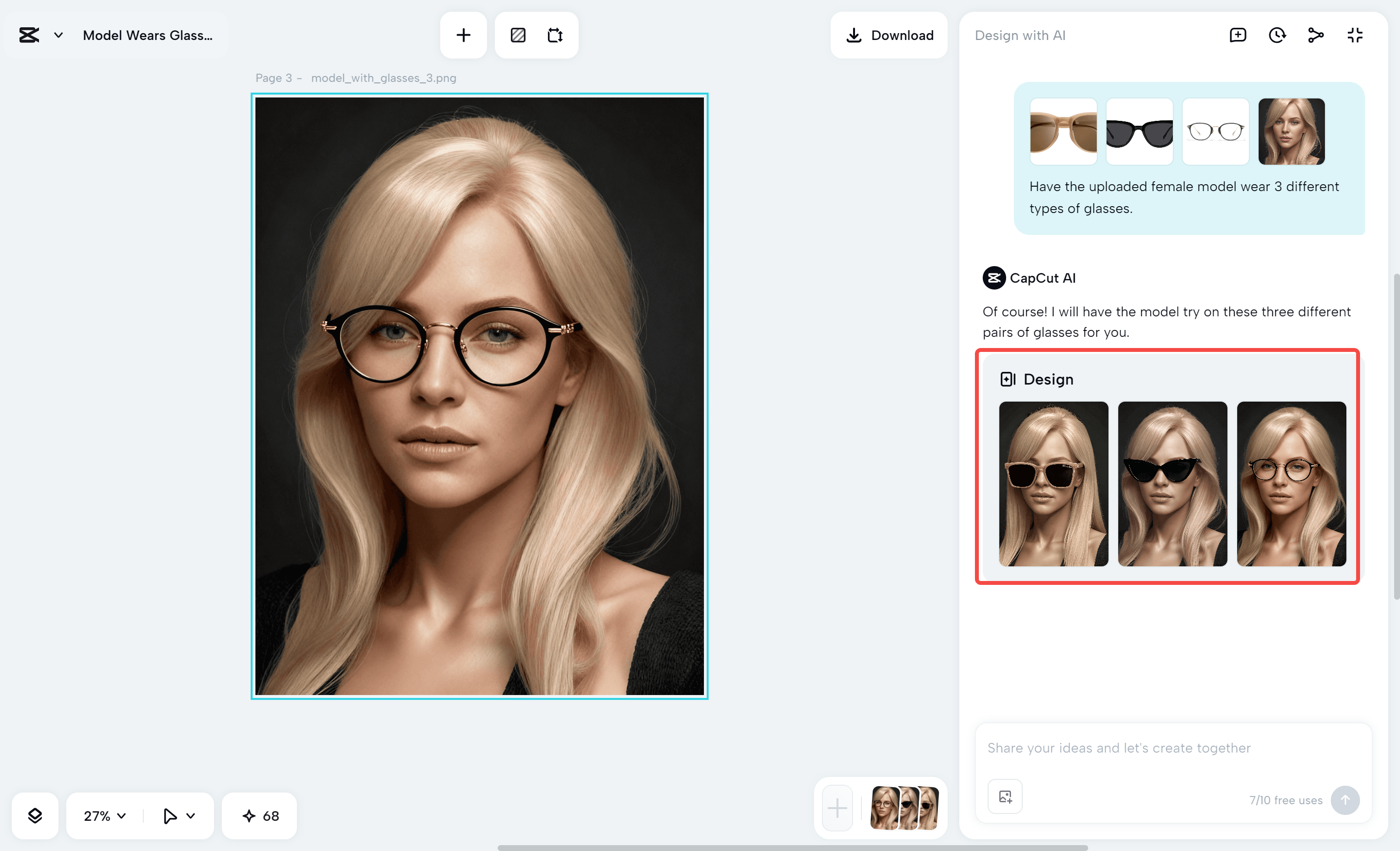 Trying on glasses on a model with the help of CapCut
