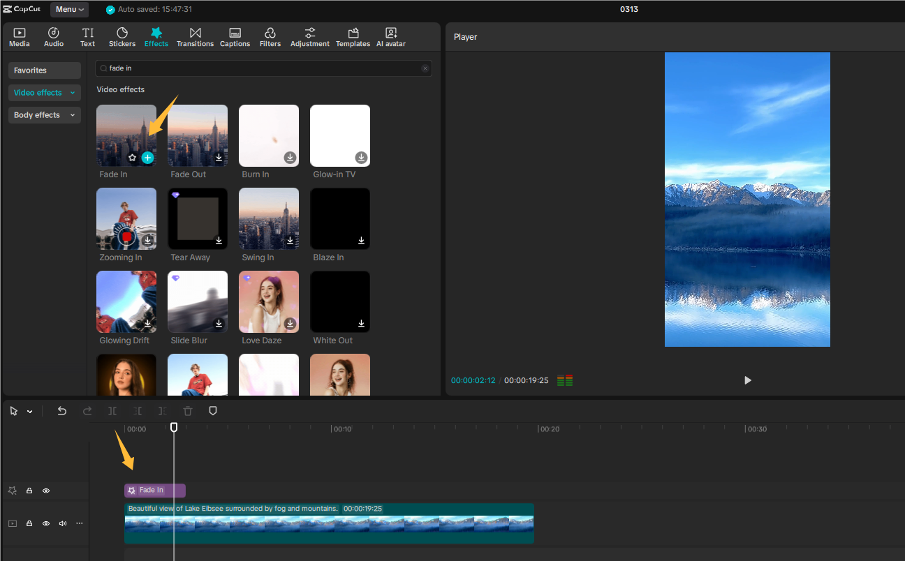 Adicionar um efeito de fade-in no CapCut no PC