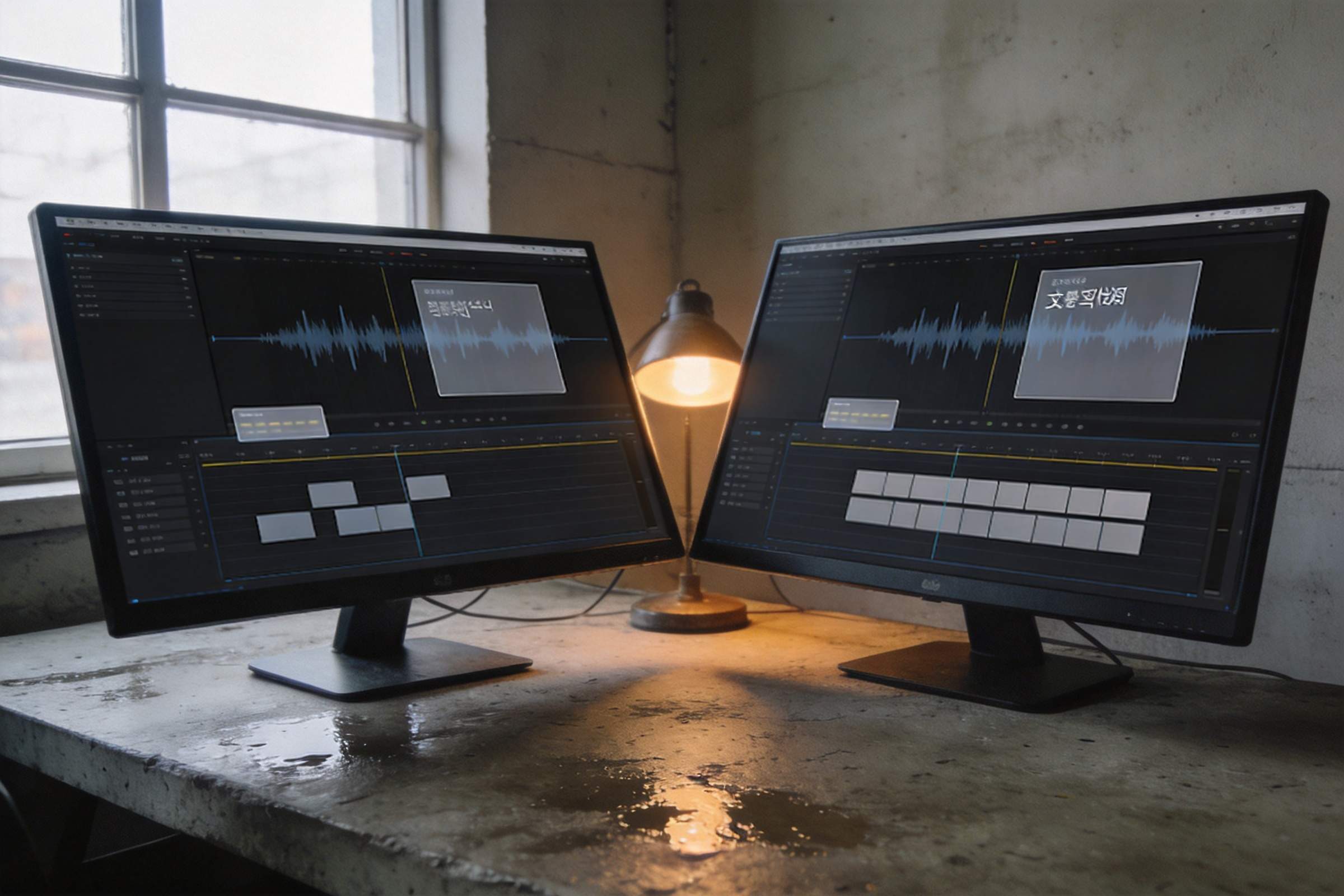 Two monitors show video editing timelines with audio waveforms and subtitle boxes, with a desk lamp between them.