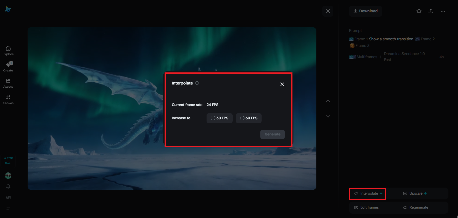 Interpolation feature in Dreamina