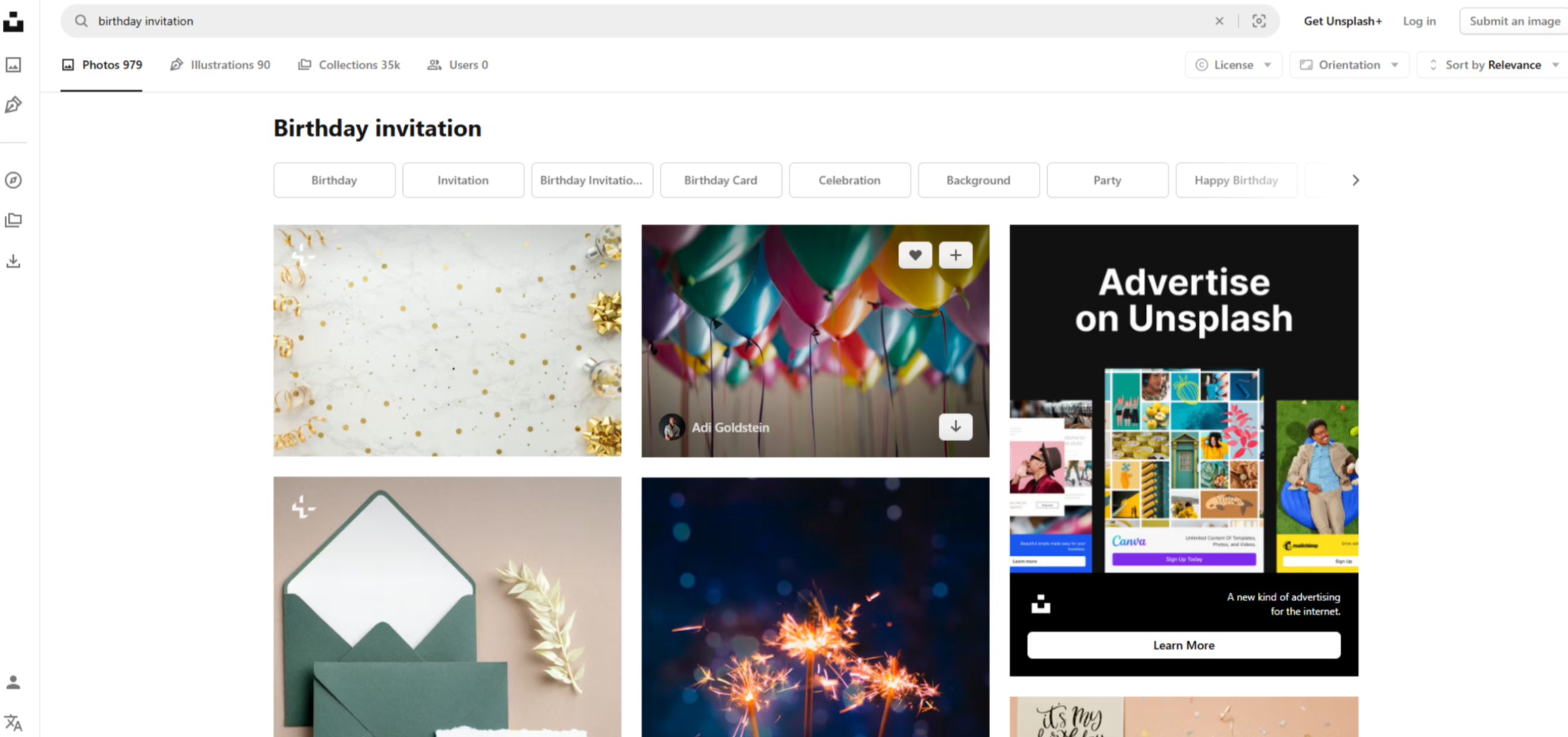 Interface of Unsplash - a site with free birthday invitation backgrounds