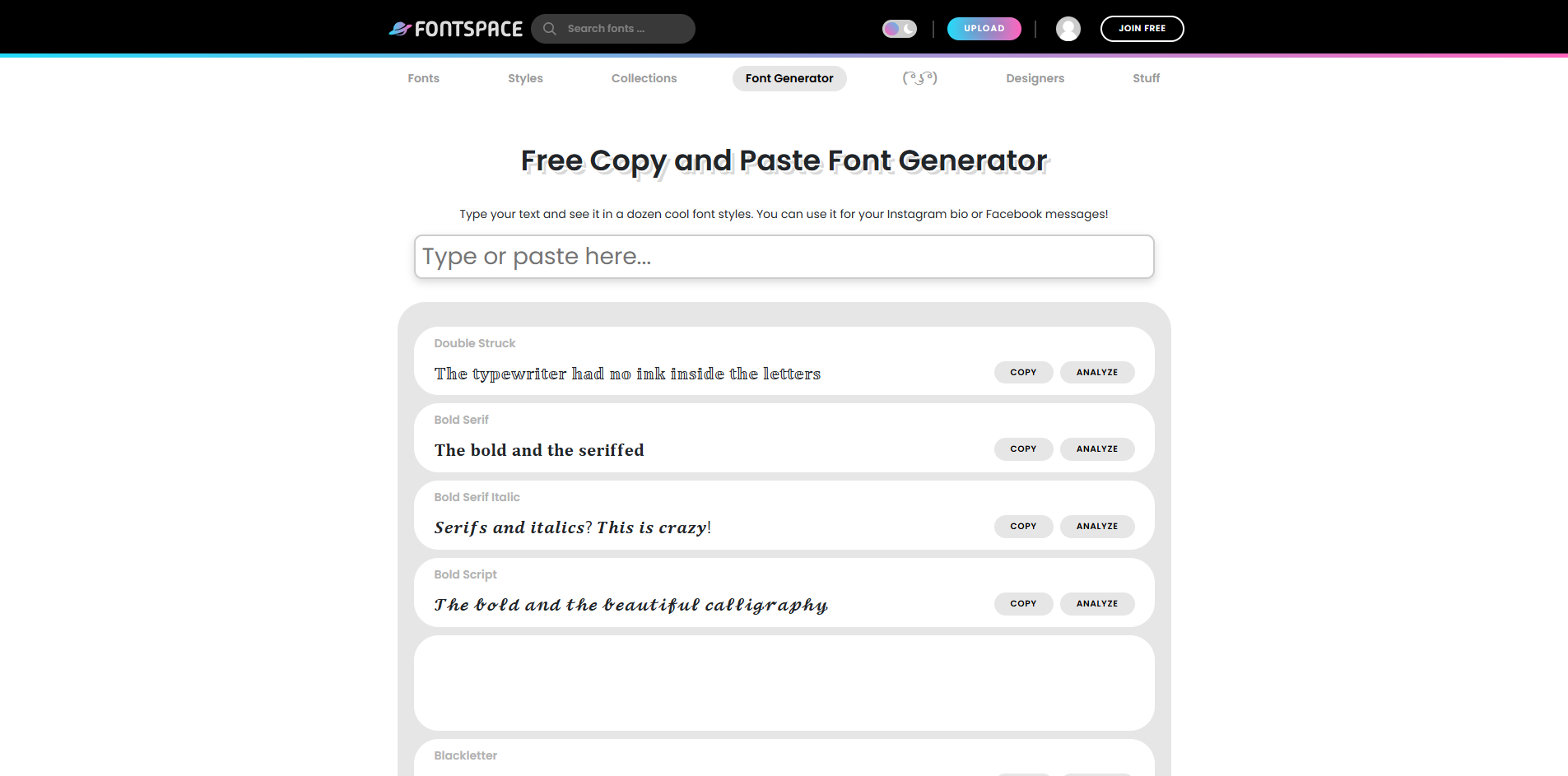 Interface of Fontspace - another free AI text generator