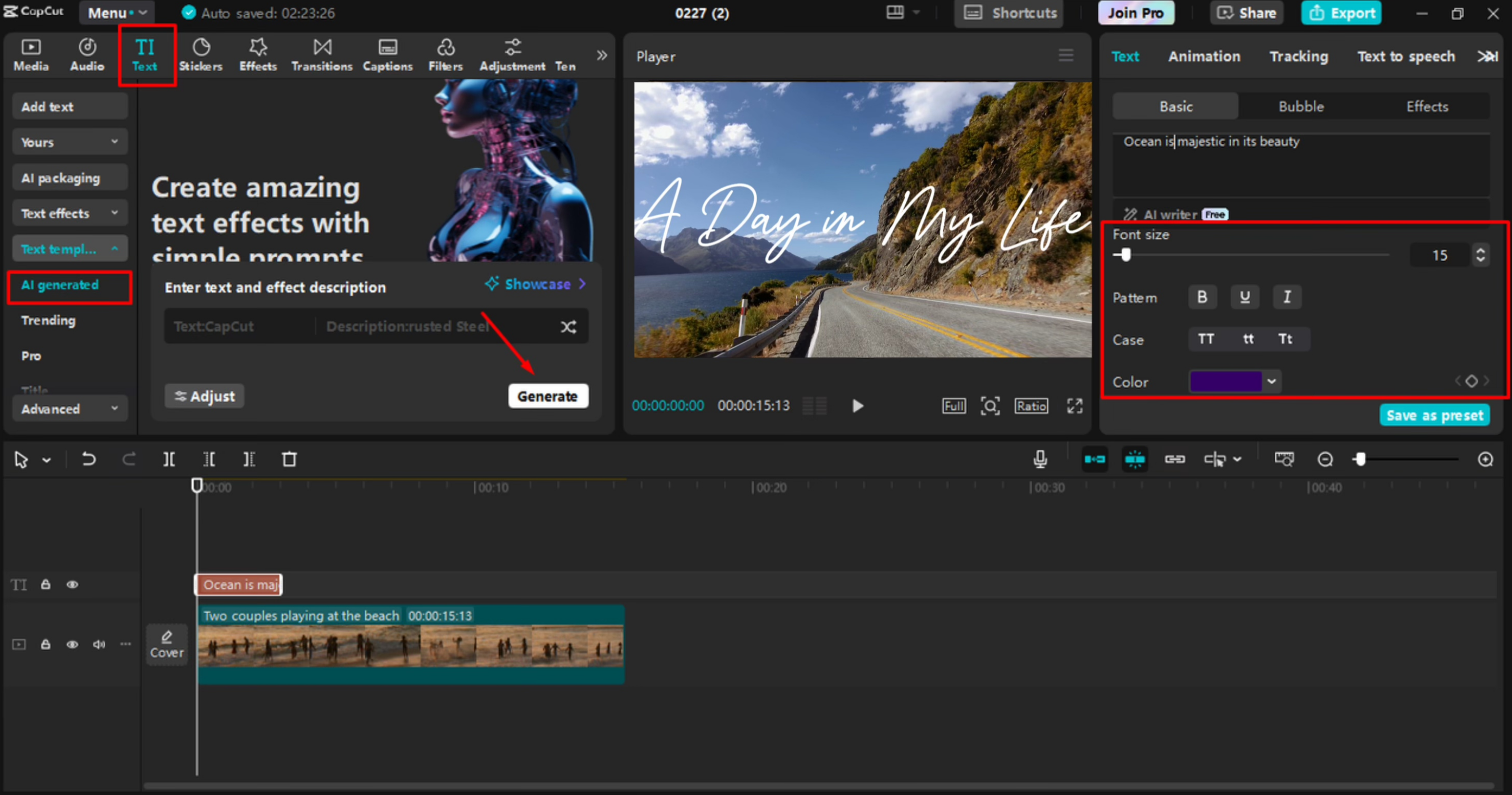 Generierung der handschriftlichen Schriftart im CapCut Desktop-Videoeditor