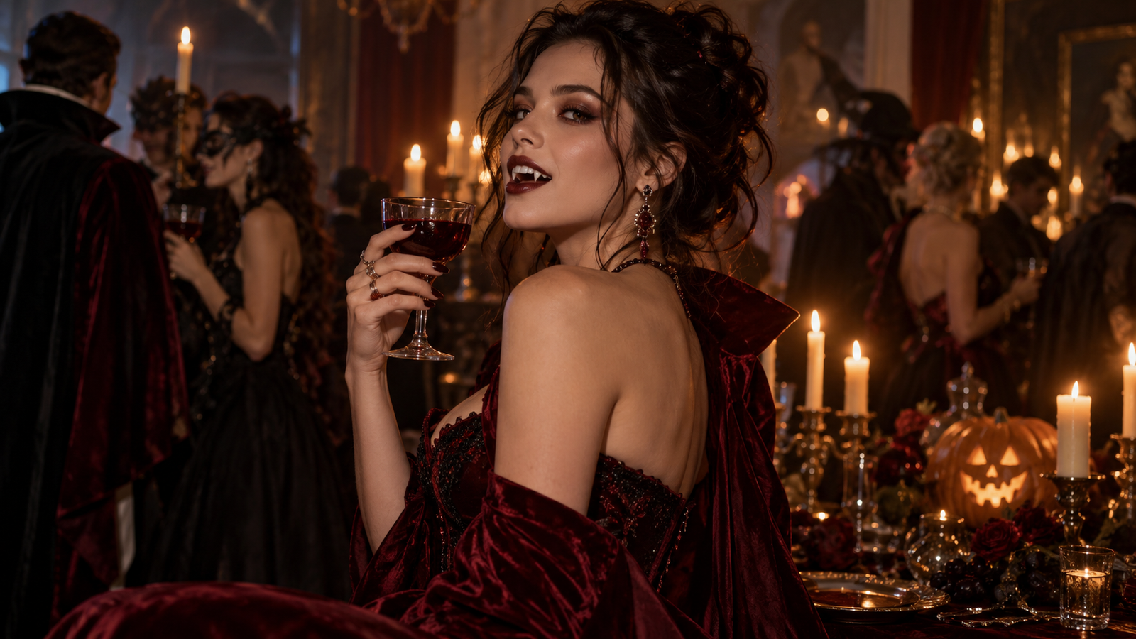 Vampire party portrait: Fictional adult vampire at a candlelit Halloween party, subtle fangs, burgundy fashion, candid editorial flash