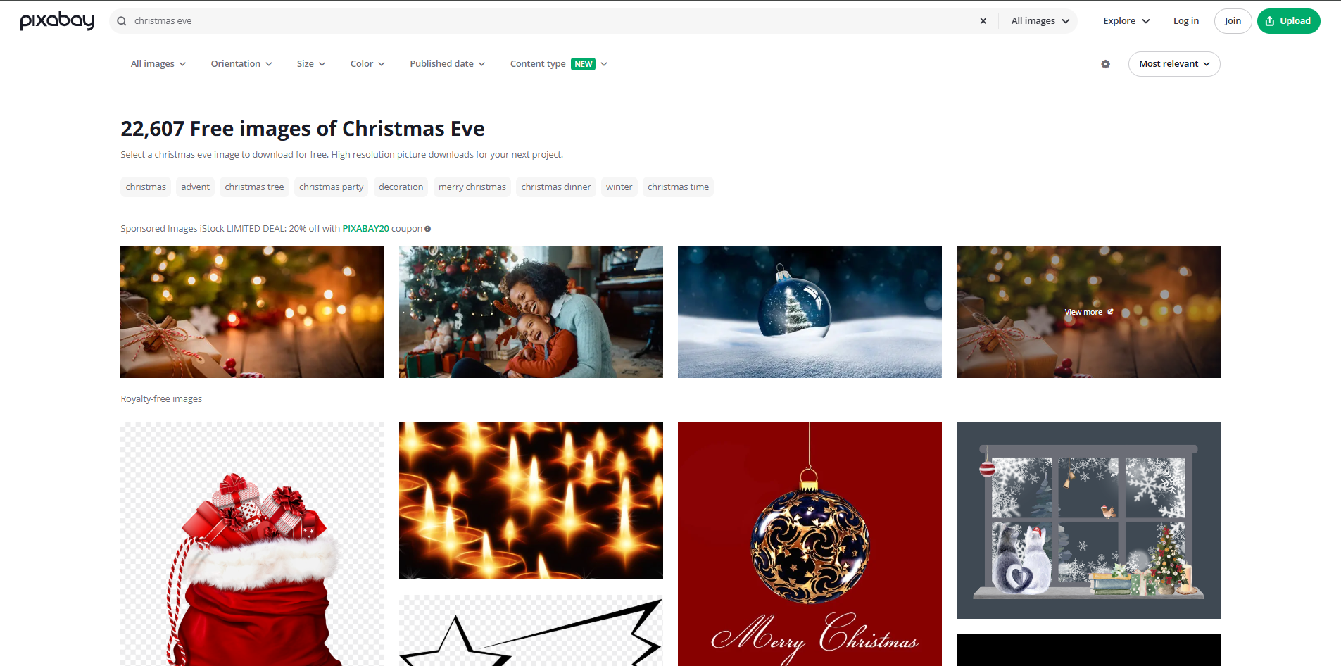 Interface of Pixabay - the best place to find Christmas Eve images
