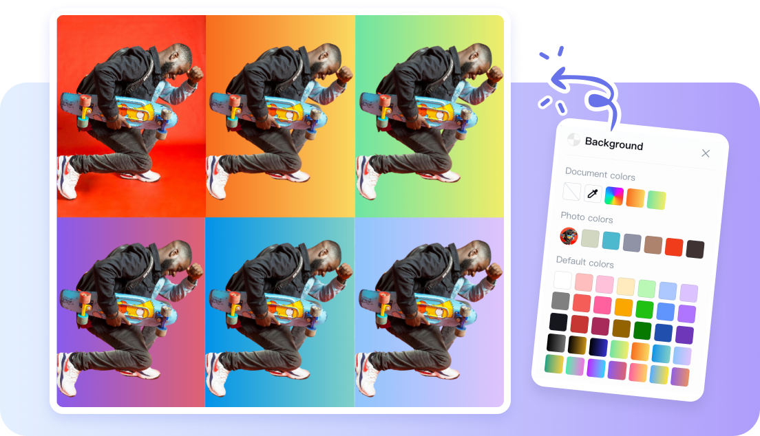 A product (e.g., a bottle of lotion) with its background removed. The user is selecting from various AI-generated backgrounds, such as a wooden table, a bathroom shelf, and a beach setting.