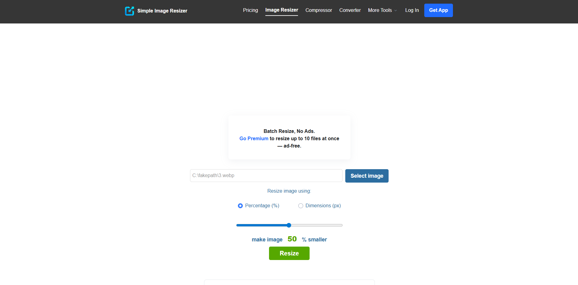 Schnittstelle von Simple Image Resizer - ein weiterer Online-Editor für Fotogrößen