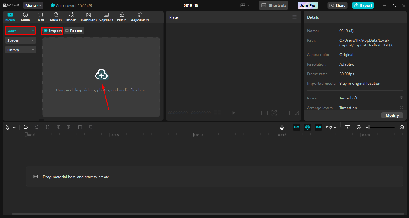 Importing the video in the CapCut desktop video editor
