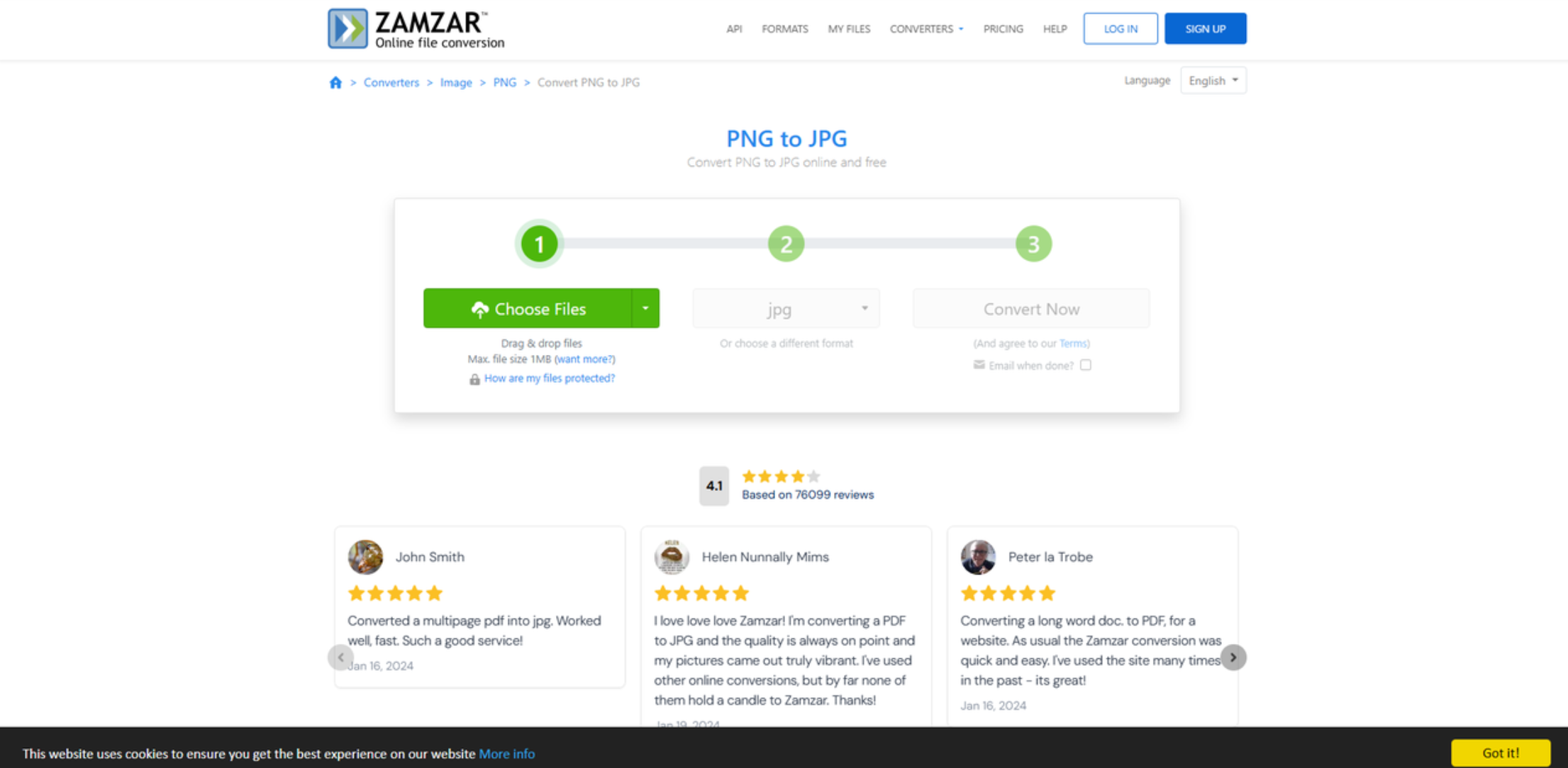 Interface of Zamzar - a user-friendly PNG to JPG converter